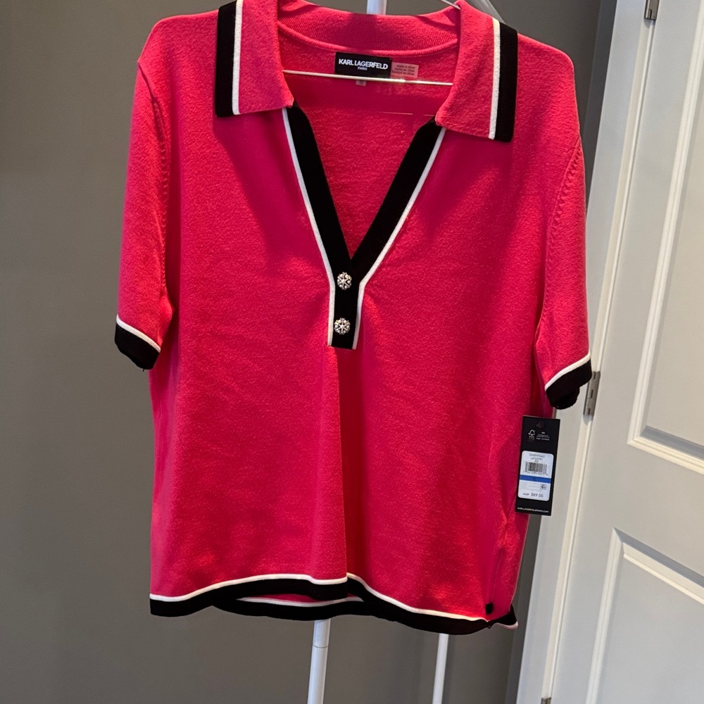 NWT Karl Lagerfeld Pink V Neck Sweater with Black Trim